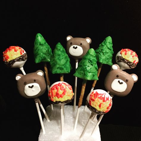 Camping Theme Cake Pops Camping Cake Pops, Camping Theme Cakes, Thanksgiving Cake Pops, Cake Pucks, Camping Cake, Campfire Cake, Picnic Parties, Camp Birthday, Camping Theme Birthday Party