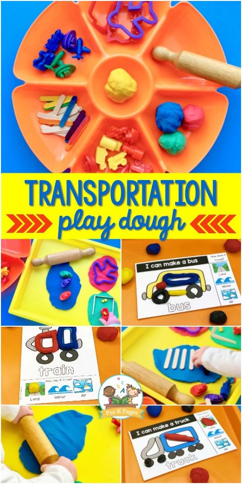 A fun transportation play dough exploration your preschool, pre-k, or kindergarten kids will love!  #preschool #prekpages Transportation Playdough, Toddler Messy Play, Preschool Travel, Playdough Station, Play Doh Activities, Transportation Preschool Activities, Tuff Tray Ideas Toddlers, Transportation Activities, Toddler Themes