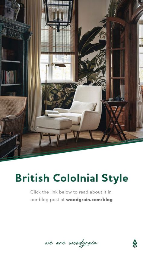 If you’re looking for a style that takes you back in time to a more relaxed era without the hustle and bustle of modern life, then British Colonial may be your cup of tea. This style pairs dark-stained rattan, and bamboo furniture with pure white linens to create a light and airy atmosphere. ⁠ ⁠ Learn about the architecture, furniture, colors, and collectible artifacts of British Colonial style in the link below! Colonial Inspired Living Room, Colonial Indian Interiors, British Colonial Paint Colors, British Colonial Decor Bathroom, British Colonial Color Palette, British Colonial Artwork, British Colonial Style Kitchen, British Colonial Office, British Colonial Library