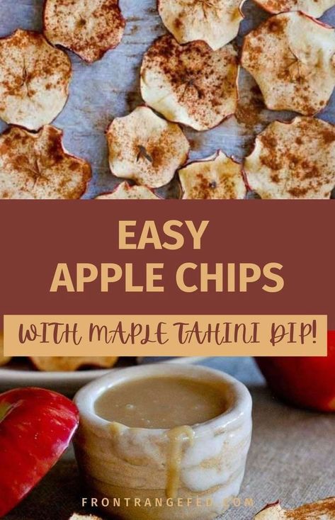 Enjoy crunchy baked apple chips with cinnamon that are quick and easy to make in the oven or air fryer! A great DIY recipe for a healthy snack that’s perfect for fall. These crispy, oven-baked apple chips make a delicious after-school treat, especially with maple tahini sauce. Learn how to make this easy snack. Find this and other easy snacks at www.frontrangefed.com. Baked Apple Chips, Cinnamon Apple Chips Baked, Oven Baked Apple, Apple Chips Recipe, Tahini Dip, Cinnamon Apple Chips, Apple Chips Baked, Healthy Snack Alternatives, Easy Autumn Recipes