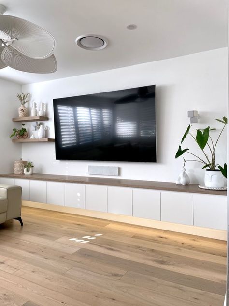 Large Tv Cabinet Ideas, Long Built In Tv Cabinet, Built In Cabinets Below Tv, Long Bench Under Tv, Long Floating Tv Stand, Recessed Tv Cabinet, Long Tv Stand Ideas For Living Room, Recessed Led Strip Lighting, Long Tv Cabinet