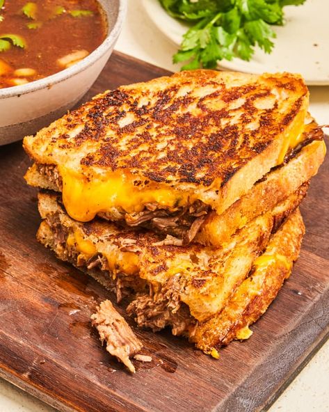 Birria Grilled Cheese Recipe | The Kitchn Birria Grilled Cheese, Blt Grilled Cheese, Quick Sandwiches, Ultimate Grilled Cheese, Grilled Cheese Recipe, Sandwich Sauces, Sourdough Bread Sandwiches, Birria Tacos, Sourdough Sandwich