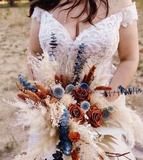 FERN + SUNPALM (@fernandsunpalm) posted on Instagram: “Our dusty blue and rust bridal bouquet @loveandadventurestories #pampasgrass #pampas #bohobouquet #bohemian #fallbouquet #fallwedding…” • Oct 4, 2021 at 2:30pm UTC Rust And Navy Bridal Bouquet, Terracotta And Dusty Blue Wedding, Dusty Blue And Rust Wedding, Rust And Navy Blue Wedding, Navy And Rust Wedding, Dusty Blue And Terracotta Wedding, Western Wedding Bouquets, Dusty Blue Boho Wedding, Rust Bridal Bouquet