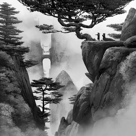 Realistic Pencil Portrait, Landscape Pencil Drawings, Chinese Landscape Painting, Landscape Tattoo, Samurai Artwork, Landscape Sketch, Japanese Artwork, Chinese Landscape, Japon Illustration