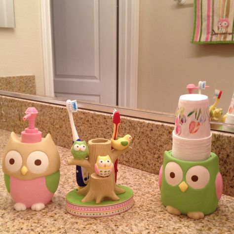 New owl bathroom for girls Owl Bathroom Decor, Owl Bedroom, Owl Bathroom, Owl Room, Grandkids Room, Girl Bathroom, Owl Kitchen, Themed Bathroom, Owl Nursery