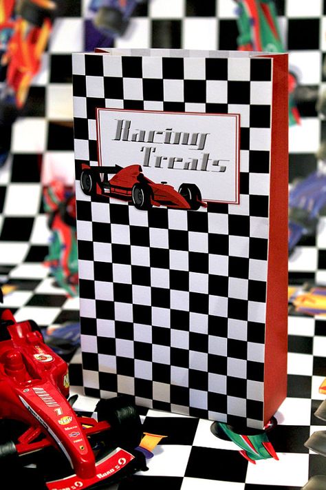 Checkered candy bags Nascar Party Decorations, Grand Prix Party, Car Birthday Party Decorations, Racing Car Party, Race Car Party Favors, Cars Party Favors, Red Race Car, Red Race, Race Car Birthday Party