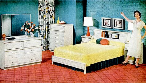 Bedroom (1956) 1950 Interior, 50s Room, 1950s Bedroom, Vintage Bedroom Sets, Mid Century Bedroom, Midcentury Style, Retro Interior Design, Furniture Ads, Casa Vintage