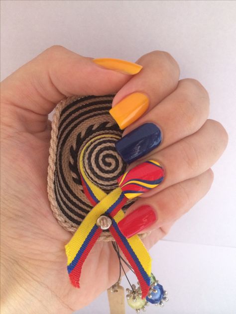 Uñas Colombia - nails - fifa world cup - Colombia Nails Art, Colombian Nail Art, Colombian Inspired Nails, Colombia Flag Nails Design, Colombia Inspired Nails, Colombian Nail Designs, Colombian Nails Designs, Colombia Nails Design, Tricolor Nails