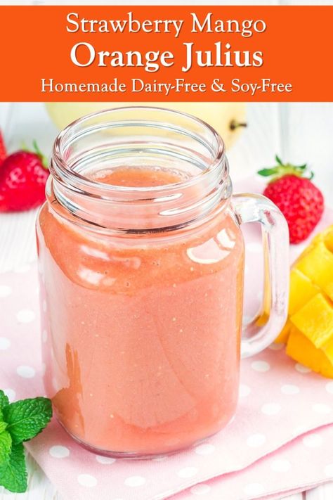 Mango Strawberry Orange Julius Recipe (Dairy-Free & Soy-Free) Egg White Protein Powder, Orange Julius Recipe, Fruit Smoothie Recipes Healthy, Orange Julius, Mango Sorbet, Dairy Free Milk, Fruit Smoothie Recipes, Peanut Free, Frozen Strawberries