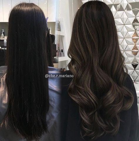 Partial Brown Balayage On Black Hair, Black To Brunette Balayage, Low Maintence Balayage, Natural Looking Balayage Brunettes, Subtle Ash Brown Balayage On Black Hair, Subtle Black Balayage, Black Hair Subtle Balayage, Black To Brunette Hair, Partial Balayage On Black Hair