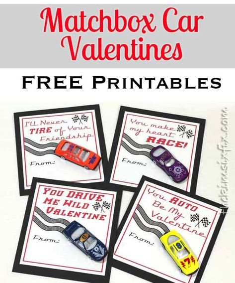 Matchbox Car Valentines.. made with dollar store cars. (Includes four Free Printable Versions) via TheKimSixFix.com Car Valentine, Candy Free Valentines, Class Gifts, Classroom Valentines, Finger Art, Preschool Valentines, Valentine's Day Printables, Valentine Projects, Valentines Printables Free