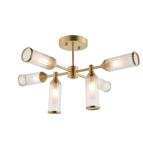 6lt semi flush LED Dimmable IP20 Satin brushed gold effect plate & clear and frosted... Metal Edging, Reeded Glass, Semi Flush Lighting, Semi Flush Ceiling Lights, Ribbed Glass, Glass Diffuser, Low Ceiling, Flush Ceiling Lights, Satin Brass