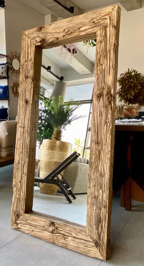 Wood Frame Wall Mirror, Rustic Modern Furniture, Live Edge Mirror Frame, Mirror Bedroom Wall Decor, Mirror Frame Design, Wooden Mirror Wall Decor, Diy Wood Mirror Frame, Mirror Bedroom Wall, Rustic Floor Mirrors