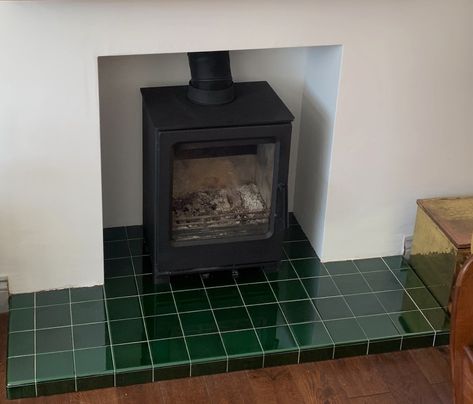 Green Hearth Tiles, Fireplace Hearth Tile, Tiled Hearth, Fireplace Hearth Tiles, Fireplace Hearths, Victorian Fireplace Tiles, Dark Green Tile, Tiled Fireplace, Hearth Tiles