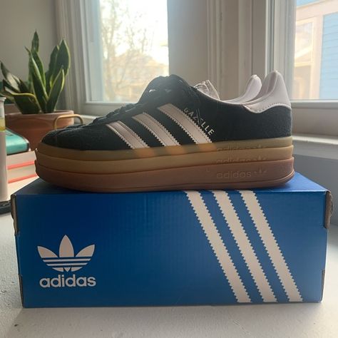 Black & White Adidas Gazelle Bolds Black Gazelles, Gazelle Adidas, Adidas Gazelle, Adidas Black, White Adidas, Black Adidas, Adidas Shoes, Winter Outfits, Vision Board