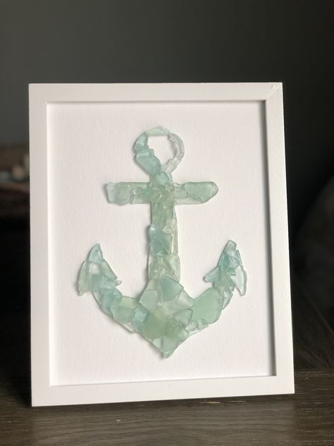 Nautical Seaglass Art, Things To Make With Sea Glass Ideas, Seaglass Art On Canvas, Seaglass Art Ideas, Seaglass Diy, Seaglass Ideas, Anchor Silhouette, Seaglass Crafts, Sea Glass Diy