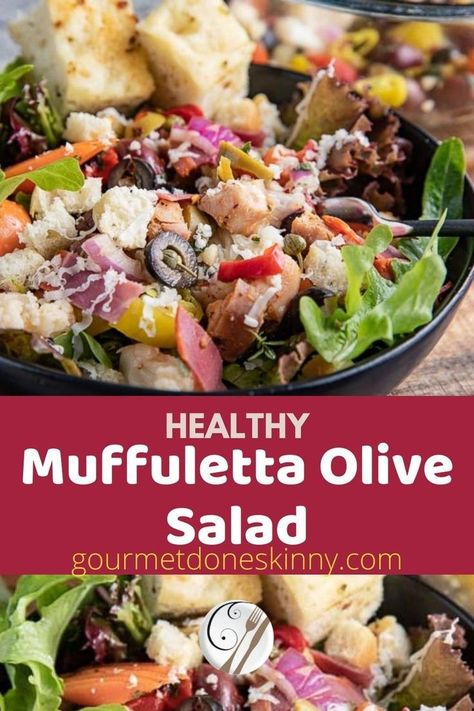 This healthy Muffuletta Olive Salad recipe is a twist on the Muffuletta sandwich New Orleans. It incorporates all of the deliciousness of the sandwich into a healthy salad – the saltiness of the olives, the muffuletta bread, the cold cuts and the cheese – with fewer calories. Muffaletta Salad Recipe, Muffaletta Olive Salad Recipe, Muffuletta Olive Salad Recipe, Muffuletta Salad, Muffuletta Recipe, Olive Salad Recipe, Muffuletta Sandwich, Mediterranean Recipes Healthy, Healthy Pasta Salad