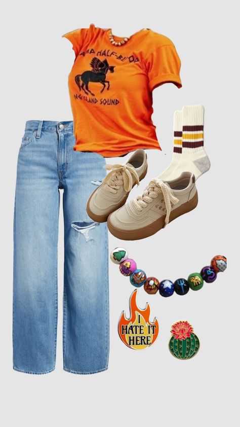 Camp Half Blood Outfit Mood Board Camp Half Blood Costume, Camp Half Blood Shirt Aesthetic, Camp Halfblood Aesthetic Outfits, Camp Half Blood Outfits Aesthetic, Camp Half Blood Shirt Outfits, Camp Halfblood Outfits, Pjo Inspired Outfits, Percy Jackson Aesthetic Camp Half Blood, Camp Half Blood Outfits