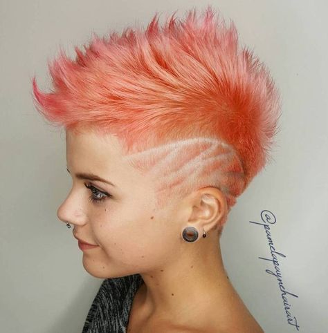 pink mohawk - 20 Inspiring Pixie Undercut Hairstyles Half Shaved Head Hairstyle, Half Shaved Head, Cheveux Oranges, Pixie Undercut, 2018 Hair, Hairstyles Bob, Shaved Hair Designs, Pixie Cut With Undercut, Half Shaved