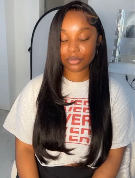 Sew In Hairstyles No Leave Out Straight Side Part, Straight Side Part Wig With Layers, Side Part Sew In Straight Layers, Side Part Bone Straight Wig, Side Part Straight Wig With Layers, Frontal Wig Hairstyles Medium Length, Sew In Straight Hair Side Part, Sow In Weave Hairstyles Straight, Side Part Layers Black Women