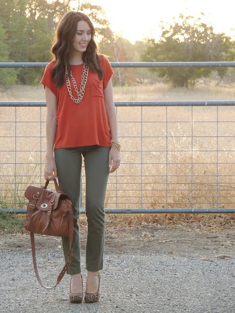 Green And Orange Outfit, Orange Shirt Outfit, Olive Pants Outfit, Olive Green Pants Outfit, Olive Green Outfit, Women Template, Green Pants Outfit, Olive Green Pants, Orange Outfit