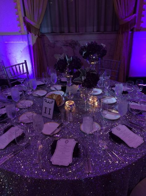 Night Of Lights Prom, Sparkly Sweet 16 Party Ideas, Purple Venue Wedding, Black And Lilac Quinceanera Theme, African American Sweet 16, Midnight Purple Quinceanera Dresses, Silver And Purple Decorations Party, Purple Sweet 16 Table Decorations, Masquerade Party Decorations Sweet 16 Purple