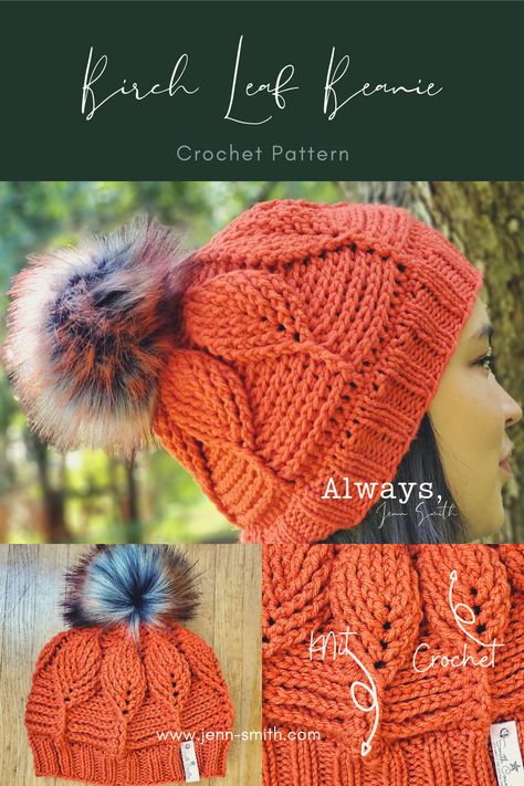 Crochet Cable Hat Pattern, Hat Crochet Patterns, Beanie Free Crochet Pattern, Beanie Hat Crochet Pattern, Beanie Hat Crochet, Leaf Stitch, Knitted Washcloths, Birch Leaf, Back Post Double Crochet