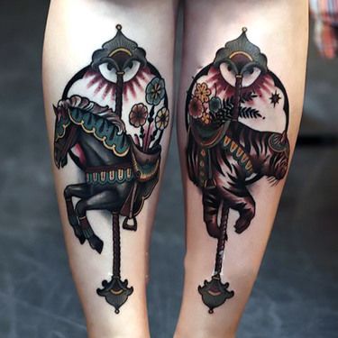 Scapegoat Tattoo, Circus Tattoos, Carousel Horse Tattoos, Carousel Tattoo, Carousel Animals, Animals Tattoo, Trash Polka Tattoo, Theme Tattoo, Horse Tattoo