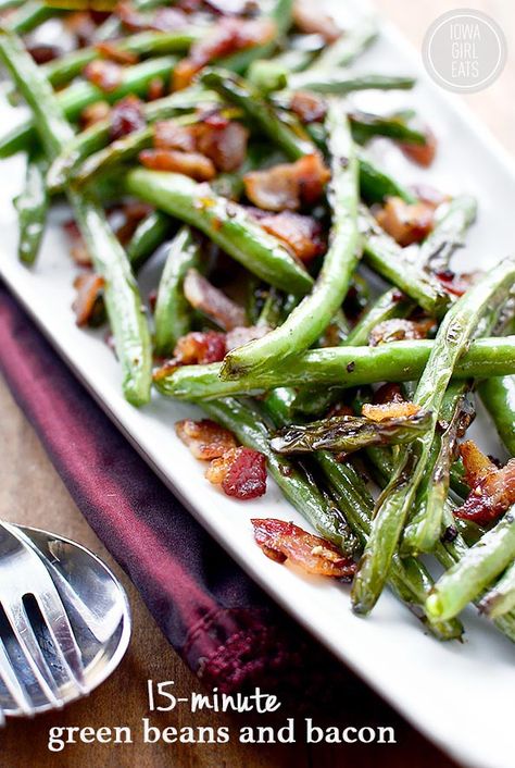 15-Minute Green Beans and Bacon is a quick and easy side dish that's perfect for holidays or everyday dinner! #glutenfree #sidedish | iowagirleats.com Green Beans And Bacon, Beans And Bacon, Salad Art, Beans With Bacon, Healthy Greens, Side Orders, Green Beans With Bacon, Sauteed Green Beans, Vegetarian Dish