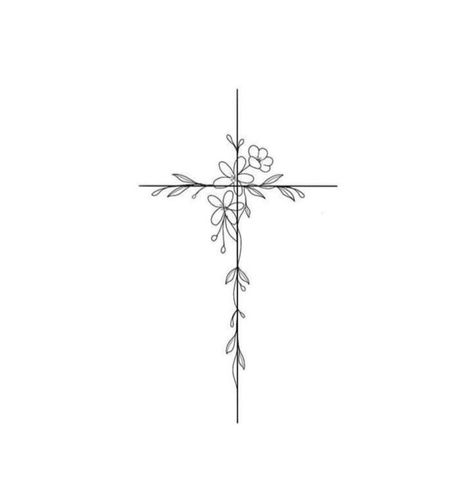 Cross With Greenery Tattoo, Cross With Flowers Drawing, Cross With Vines Tattoo, Christian Back Tattoos, Feminine Cross Tattoos For Women, Dainty Christian Tattoos, Flower Cross Tattoo, Feminine Cross Tattoo, Inner Wrist Tattoos