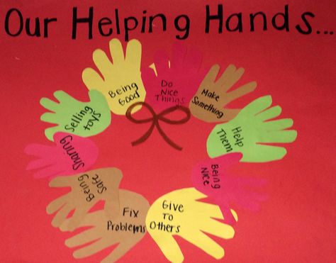 Group Bulletin Board - Our helping hands Helping Others Preschool Activities, Good Manners Craft Preschool, Helping Hands Preschool, Helping Hands Craft Preschool, Hands Are Not For Hitting Activities, Friendship Handprints Preschool, Thankful Hands Bulletin Board, Helping Hands Bulletin Board Ideas, Helping Hands Craft