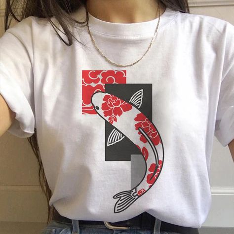 Fish Moodboard, Japan Koi Fish, Cricut Clothes, Female T Shirt, Mode Harajuku, Harajuku Aesthetic, Styled Outfits, Fish Graphic, Japanese Harajuku