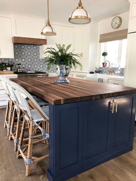 Dark Blue Kitchen Island With Butcher Block Top, Tile Island Kitchen, Colored Island Kitchen, Wood And Blue Kitchen, Timeless Decorating, Kitchen Decor Trends, Blue Kitchen Island, Kitchen Cabinet Inspiration, Bar Counter Stools