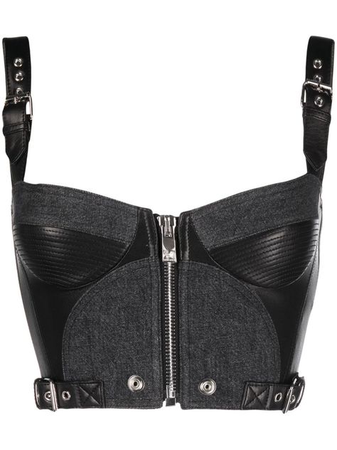 Shop or share your style of the product on ModeSens! panelled bustier top from Versace featuring panelled design, adjustable shoulder straps, sweetheart neck, sleeveless, front zip fastening, cropped, black/grey and leather/cotton. Versace Crop Top, Versace Top, Leather Bustier, Corset Fashion, Versace Outfit, Bustier Top, Bustiers, Tank Top Designs, Sweetheart Neck