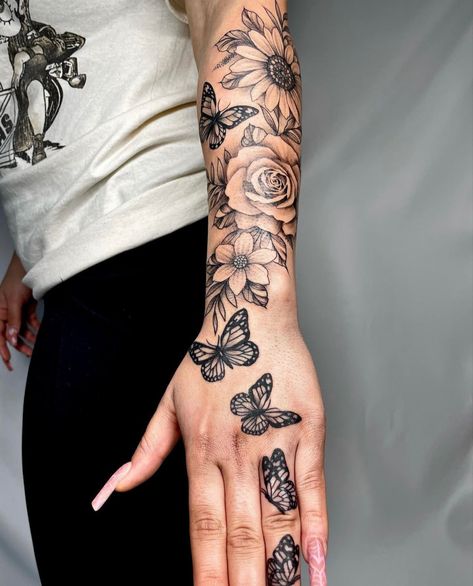 Hand Tattoo Cover Up, Arm Tattoos For Women Forearm, Butterfly Sleeve Tattoo, Butterfly Tattoos On Arm, Dragon Tattoo Ideas, Half Sleeve Tattoos Forearm, Butterfly Hand Tattoo, Arm Sleeve Tattoos For Women, Realistic Tattoo Sleeve