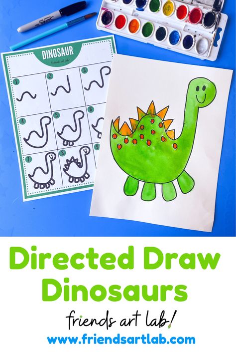 Your kids will love this easy step-by-step guide for drawing dinosaurs! Dinosaur Day Kindergarten, Dinosaur Directed Drawing Preschool, Prek Dinosaur Activities, Dinosaur Directed Drawing, Dinosaur Activities Kindergarten, Dinosaurs Prek, Dinosaur Art Preschool, Draw Dinosaur, Drawing Dinosaurs