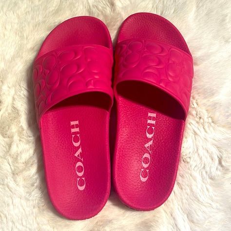 Coach Slides Pink Coach Sandals, Pink Coach Slides, Wear Heels Comfortably, Cute Slides For Women, Coach Slides, Coach Sandals, Cute Slides, Pretty Sneakers, Simple Outfits For School