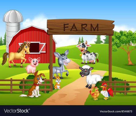 Farm background with animals Royalty Free Vector Image Farm Backdrop, Farm Cartoon, Baby Shower Background, Barn Animals, Happy Farm, Farm Cow, Photography Decor, Farm Scene, Studio Props