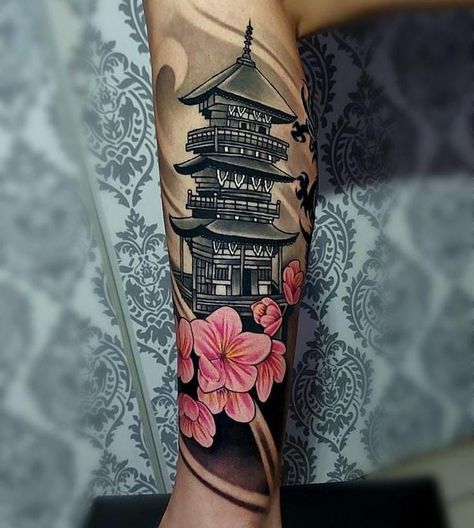 Chinese Tower Tattoo, Tattoo Japon, Temple Tattoo Design, Pagoda Tattoo, Tattoo Japonais, Temple Tattoo, Full Leg Tattoos, Buddha Tattoos, Pretty Tattoos For Women