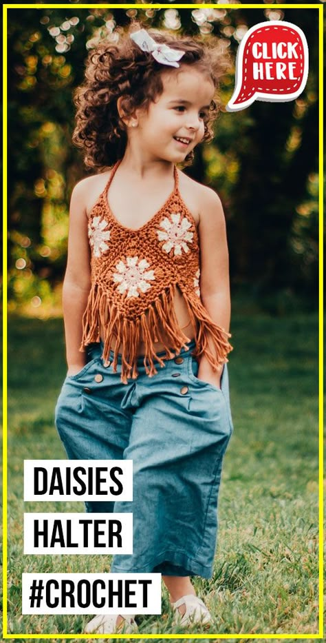 crochet Daisies Halter easy pattern - Easy Crochet top Pattern for Beginners. Click to Get the Pattern #top #crochetpattern #crochet via @shareapattern.com Crochet Shirt Pattern, Halter Crochet, Interweave Crochet, Sunflowers And Daisies, Crochet Toddler, Crochet Daisy, Vogue Knitting, Haken Baby, Crochet Girls