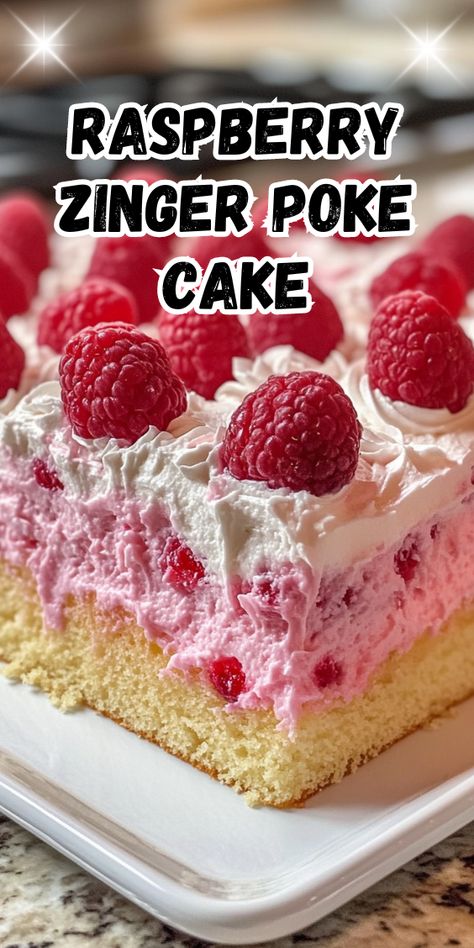 Raspberry Zinger Poke Cake, Zinger Poke Cake, Raspberry Zinger, Homemade White Cakes, America Cake, Chocolate Eclair Cake, No Egg Desserts, Eclair Cake, Italian Cream Cakes