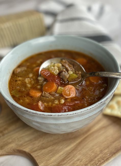 Delicious and easy beef barley soup is both a time saver and a budget buster. Using leftover roast beef with fresh vegetables and herbs create this yummy soup. Leftover Beef Soup, Easy Beef Barley Soup Stovetop, Roast Beef Soup Leftover, Beef Barley Soup Stovetop, Using Leftover Roast Beef, Easy Beef Barley Soup, Leftover Beef Recipes, Supper Meals, Barley Soup Recipe