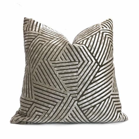 Wow your guests with some pillows made in this designer velvet textured fabric. Bold geometric lines woven in taupe beige velvet on a matte dark gray background make this pillow an eye catching choice for any décor. Choose from the pattern fabric used on the front side with a coordinating solid gray velvet on the backside, or the pattern fabric used on both sides. Photographed on 20x20 insert. **This is a special order fabric, please allow extra time for production.**  Come see more cut velve... Taupe Throw Pillows, Cut Velvet Pillows, Sun Dial, Mid Century Modern Pillows, Maze Print, Dark Grey Background, Golden Yellow Color, Modern Pillows, Velvet Pillow