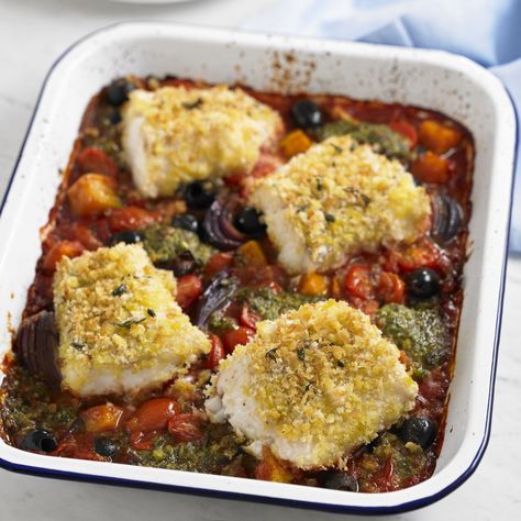 Crispy Cod Tray Bake recipe-Cod recipes-recipe ideas-new recipes-woman and home Fish Tray Bake, Cb2 Bed, Bake Spaghetti, Crispy Cod, Baked Dinner Recipes, Tray Bake Recipes, Tray Bake, Baked Dinner, Bake Recipes