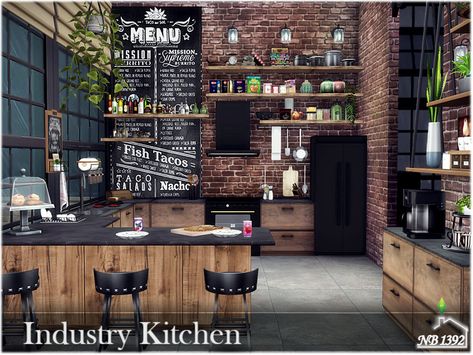 Sims 4 — Industry Kitchen by nobody13922 — A spacious, industrial kitchen, well-equipped and cozy. Size: 5x6 Price: 17 Sims 4 Loft, Floor Windows, Industrial Living Room Design, Sims 4 Kitchen, Industrial Cafe, Windows 1, Loft Kitchen, Sims 4 House Building, Sims 4 House Design