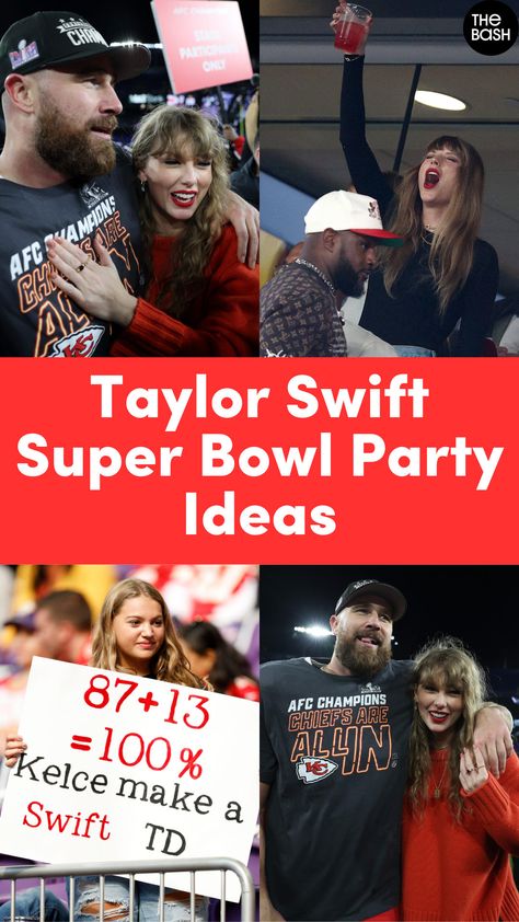 The Kansas City Chiefs are Super Bowl LVIII bound! If you’re a Swiftie as well as a football fan, check out these Taylor Swift Super Bowl party ideas! Plan your Taylor Swift themed Super Bowl party with ideas from The Bash!🎉🏈 #thebash #taylorswift #traviskelce #superbowl #superbowlparty #taylorswiftparty #taylorswiftthemedparty #taylorswiftpartytheme #taylorandtravis #taylorswiftsuperbowlparty #swifties #taylorswiftpartyideas #superbowllviii #superbowlpartyideas Taylor Swift At Super Bowl, In My Super Bowl Era, Taylor Swift Chiefs Super Bowl Party, Taylor Super Bowl Party, Swiftie Bowl Party, Superbowl Taylor Swift, Super Bowl Taylor Swift Party, Taylor Swift Superbowl Party Ideas, Swift Super Bowl