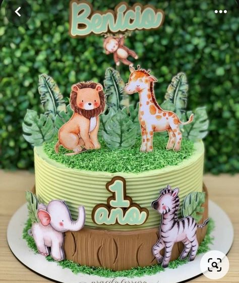 Safari Cake Design, Pastel Safari, 1 Tier Cake, Topper Safari, Festa Safari Baby, Jungle Theme Cakes, Cake Designs For Kids, Animal Birthday Cakes, Safari Cakes