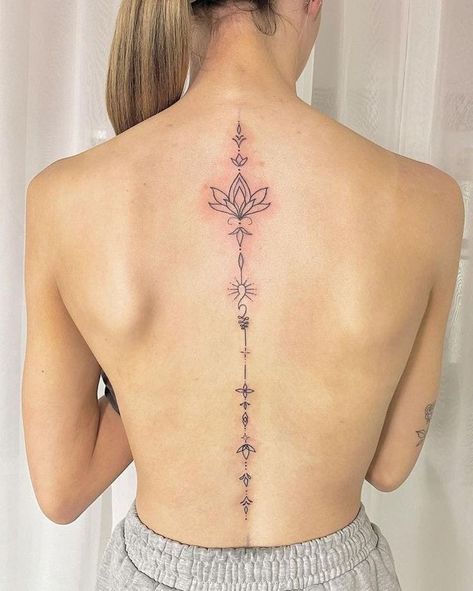 Lotus Flower Spine Tattoos For Women, Lotus Back Tattoo Women, Cute Back Tattoos For Women Spine, Lotus Spine Tattoos For Women, Back Lotus Tattoo, Back Tattoo Lotus, Lotus Flower Tattoo Back Spine, Lotus Flower Spine Tattoo, Dainty Back Tattoos For Women