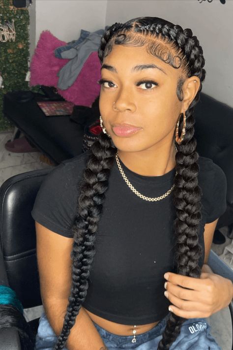 twobraid styles, hairstyles, braids Two Braids With Curls In The Back, 2 Braids With Weave Side Part, Middle Braid Hairstyles, Two Big Braids With Weave, Two French Braids For Black Women, Two Feed In Braids With Weave, Two Braids Into One, 2 Braids With Weave In The Back, Two Stitch Braids