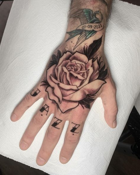 Bold Tribute Rose and Script Hand Tattoo, hand tattoos rose Script Hand Tattoo, Hand Tattoos Rose, Rose Hand Tattoos, Pantone Wedding Colors, Thumb Tattoos, Tattoos Rose, Love Yourself Tattoo, Rose Hand Tattoo, Dandelion Tattoo